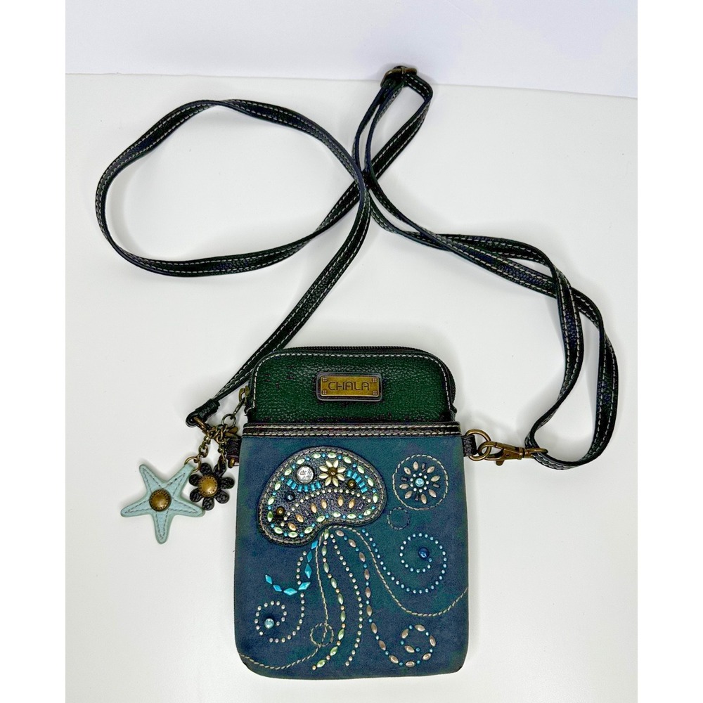Chala Jellyfish Crossbody Purse Cellphone Blue Brown Fob Dangle Charms Sea Life